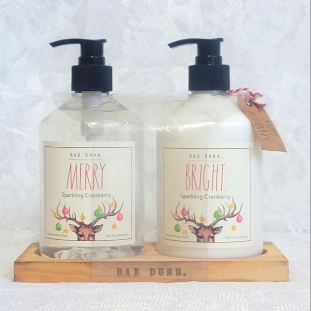 RAE DUNN Merry & Bright Hand Soap and Lotion Sparkling Cranberry with Wood Caddy